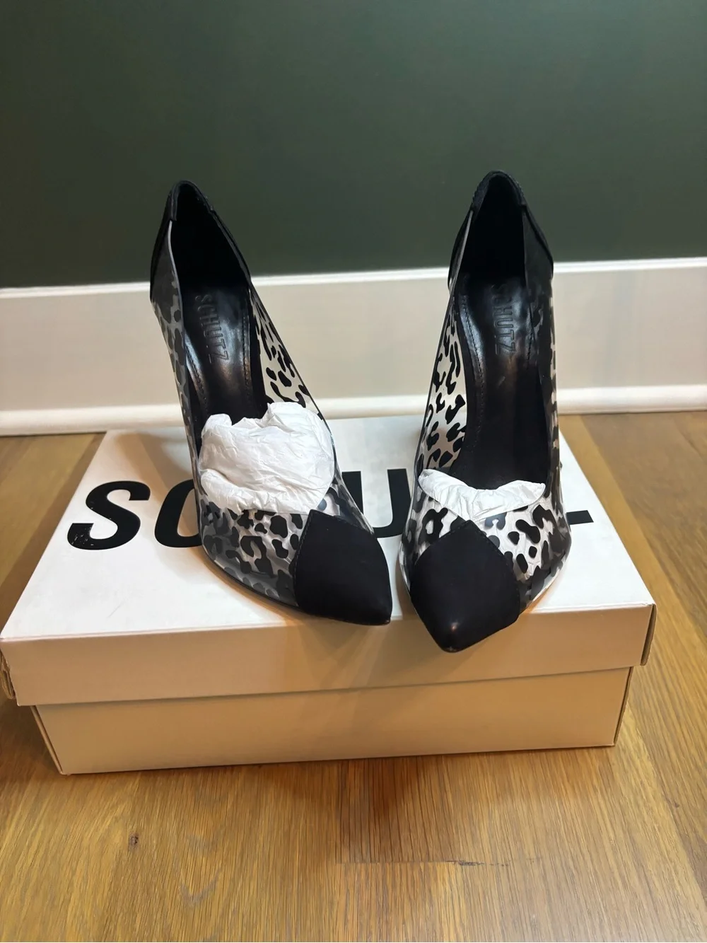 SCHUTZ Leopard Pointed-Toe Pumps in Black and White